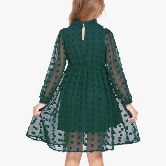 Flypigs Girls Midi Swiss Dot Flared Sleeve Ruffle Collar Party Dress Casual - Picture 2 of 10